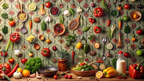 A vibrant, high-resolution photo showcasing an assortment of fresh culinary vegetables, including colorful bell peppers, crisp greens, and ripe tomatoes, arranged on a rustic wooden surface