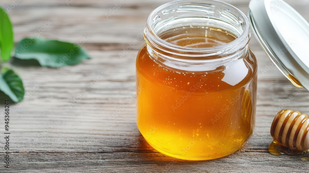 Jar of honey with an open lid Jar of honey with an open lid