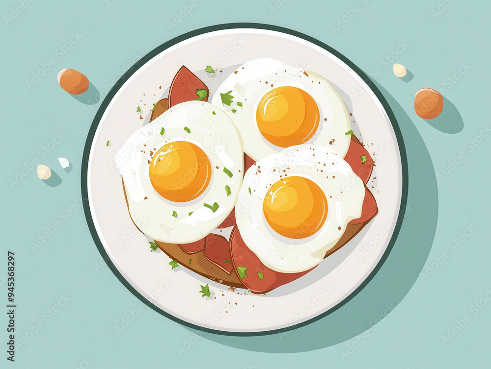 Delicious breakfast featuring three sunny side up eggs on toast with herbs, evoking sense of warmth and satisfaction. Delicious breakfast featuring three sunny side up eggs on toast with herbs, evoking sense of warmth and satisfaction.