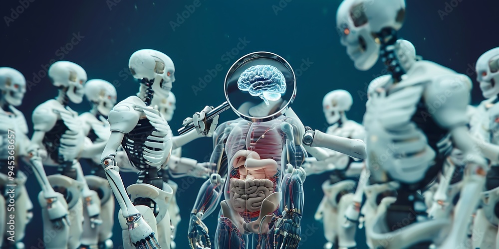 Close up of doctor hand holding magnifying glass with brain hologram Close up of doctor hand holding magnifying glass with brain hologram