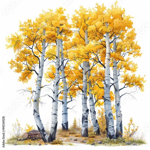 A watercolor painting depicting a group of aspen trees in the fall, their leaves a vibrant yellow against the white bark