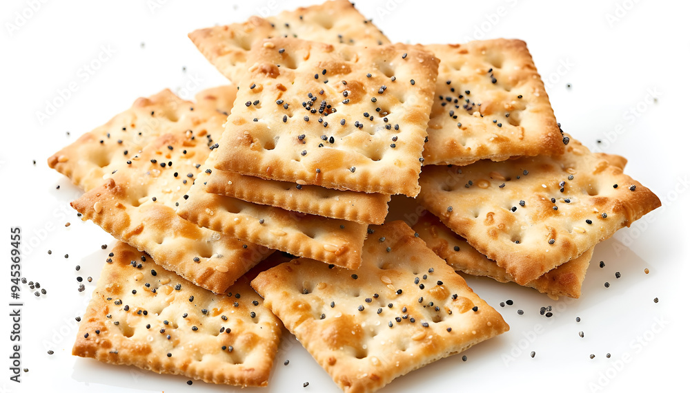 Delicious crispy crackers with poppy and sesame seeds isolated on white, top view Delicious crispy crackers with poppy and sesame seeds isolated on white, top view