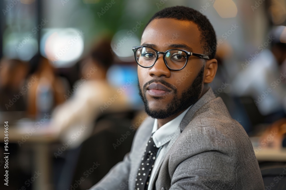 Obraz premium A focused young professional man wearing glasses in an office environment, looking confidently at the camera.