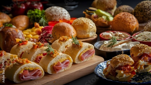 Hispanic Tradition: Colorful Spanish Tapas with Cheesy, Meaty Bread Rounds on Dark Background