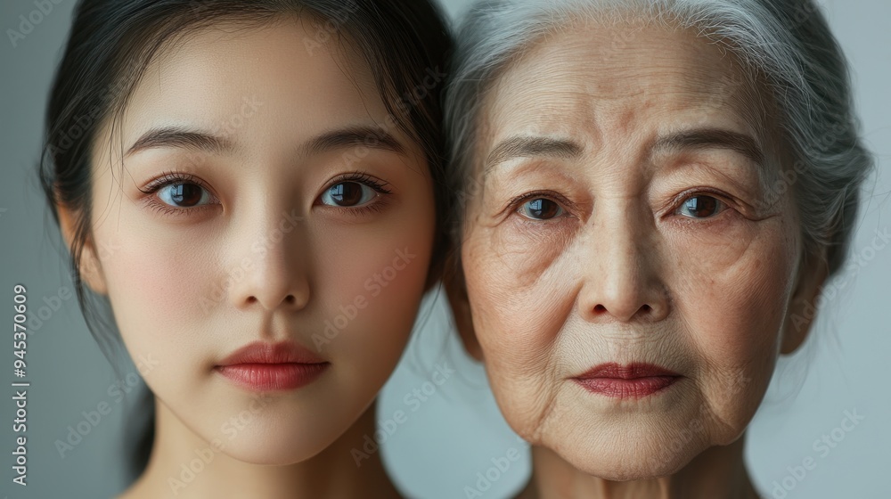 Young woman and her elderly mother take care of their skin and look great,Two generations,Beautiful middle aged mother and her adult daughter,skincare and Aging concept,Comparison of young and old. Young woman and her elderly mother take care of their skin and look great,Two generations,Beautiful middle aged mother and her adult daughter,skincare and Aging concept,Comparison of young and old.