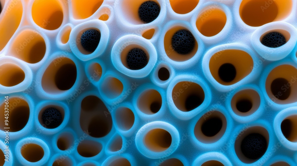 Biologic Film Showing Array of Blue Circular Cells with Black Parts Biologic Film Showing Array of Blue Circular Cells with Black Parts