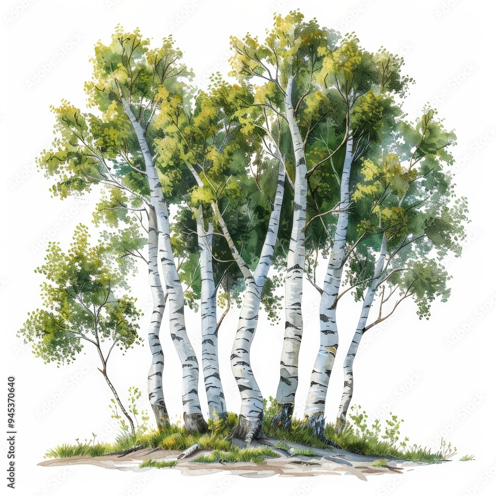 Fototapeta premium A watercolor illustration of a group of birch trees with white bark and green leaves. The trees are growing in a forest setting and the sunlight is shining through the leaves