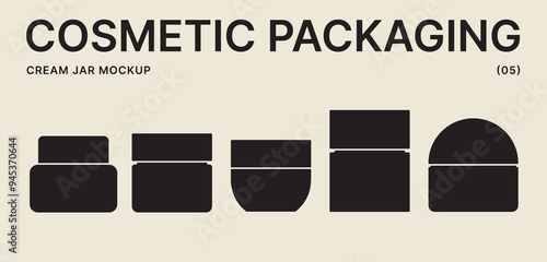Collection of cosmetic jar mockups isolated on a light background. Black silhouette of boxes for cream or ointment. Cosmetic packaging, vector illustration. Face and body care products.