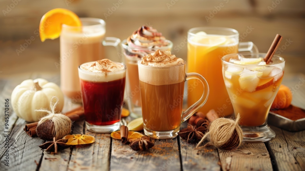 A variety of fall-themed beverages, including hot and cold drinks, displayed on a rustic wooden table with autumn decor. A variety of fall-themed beverages, including hot and cold drinks, displayed on a rustic wooden table with autumn decor.