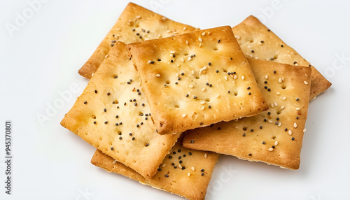 Delicious crispy crackers with poppy and sesame seeds isolated on white, top view