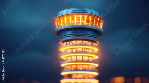 Modern Tower With Lights At Night.