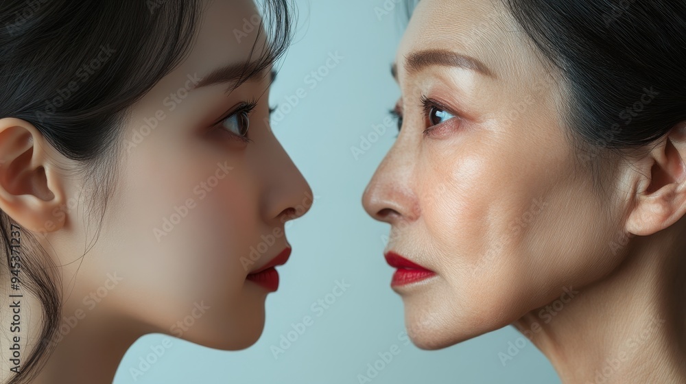 Young woman and her elderly mother take care of their skin and look great,Two generations,Beautiful middle aged mother and her adult daughter,skincare and Aging concept,Comparison of young and old. Young woman and her elderly mother take care of their skin and look great,Two generations,Beautiful middle aged mother and her adult daughter,skincare and Aging concept,Comparison of young and old.