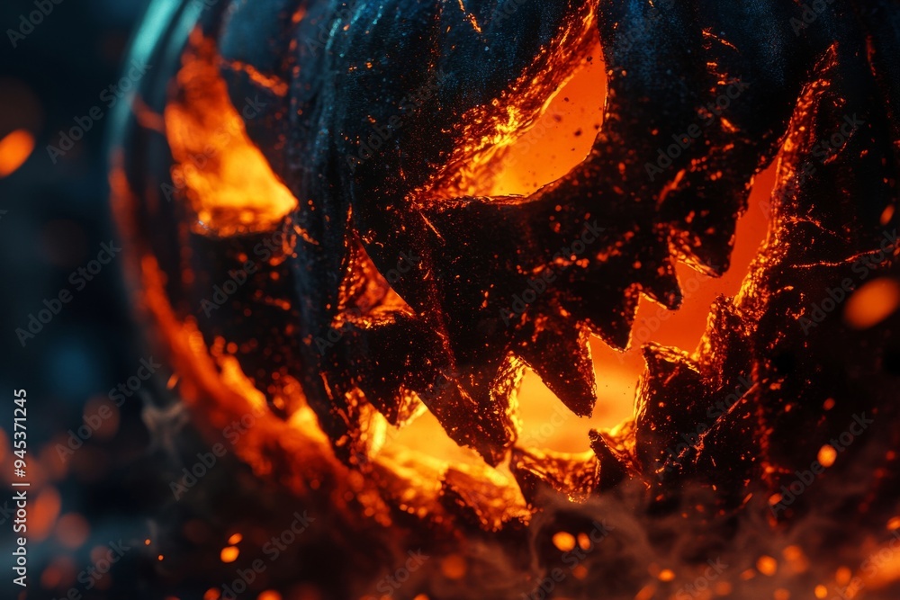 Illuminated jack-o'-lantern pumpkin in close range Illuminated jack-o'-lantern pumpkin in close range