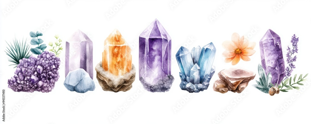 Set Boho crystal grid with various stones arranged in sacred patterns, isolated on a white background, illustrated in watercolor style. Set Boho crystal grid with various stones arranged in sacred patterns, isolated on a white background, illustrated in watercolor style.