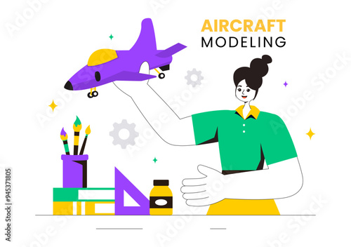 Aircraft Modeling and Crafting Vector Illustration with Assembling or Painting a Huge Airplane Model as a Replica of an Existing in the Background