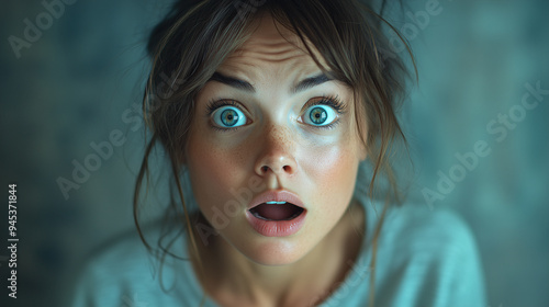 Surprised young woman is looking up with her mouth open and her eyes wide