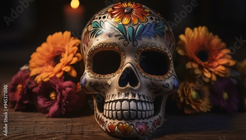 Skull Mask with Floral Designs in a Day of the Dead Celebration