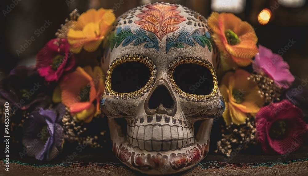 Skull Mask with Floral Designs in a Day of the Dead Celebration Skull Mask with Floral Designs in a Day of the Dead Celebration