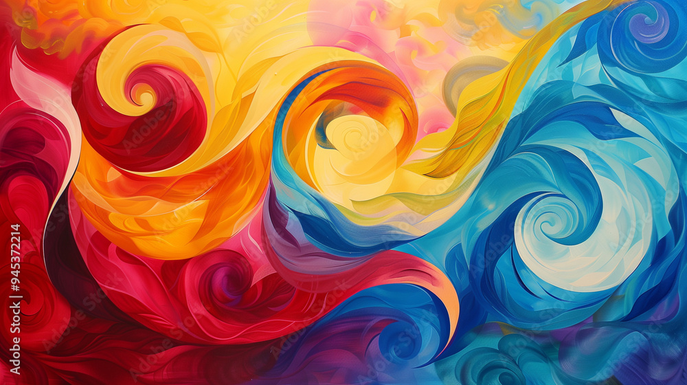 Vibrant Abstract Painting with Swirling Patterns of Warm Reds, Yellows, Oranges, and Cool Blues and Purples. Vibrant Abstract Painting with Swirling Patterns of Warm Reds, Yellows, Oranges, and Cool Blues and Purples.