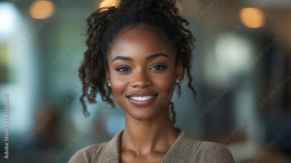 Obraz premium confident businesswoman portrait smiling africanamerican professional stands tall in sleek modern office radiates competence and success in corporate environment