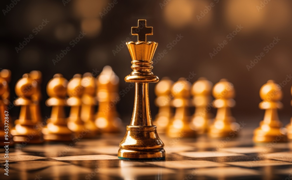 Close-up of a golden chess king piece on a chessboard with blurred pawns in the background. Close-up of a golden chess king piece on a chessboard with blurred pawns in the background.
