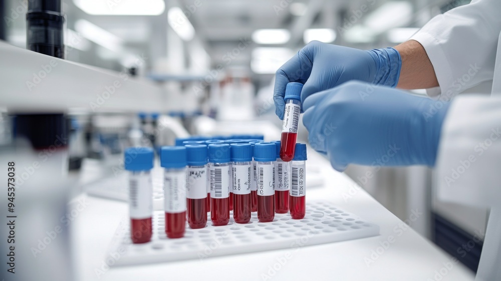 Scientist Handling Blood Samples in Laboratory for Medical Research and Analysis Scientist Handling Blood Samples in Laboratory for Medical Research and Analysis