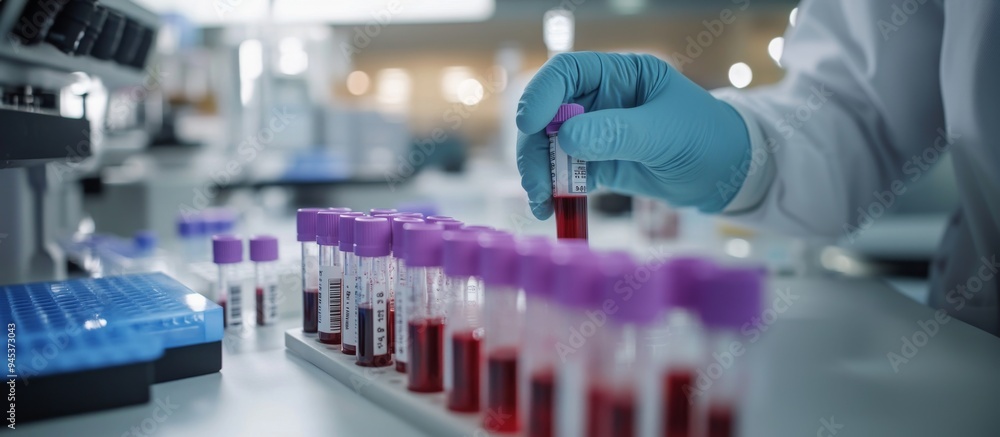 Scientist Handling Blood Samples in Laboratory for Medical Research and Analysis with Test Tubes and Advanced Equipment Scientist Handling Blood Samples in Laboratory for Medical Research and Analysis with Test Tubes and Advanced Equipment