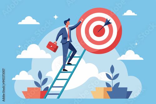 Climb up ladder to reach target or goal, aspiration to success, growth or aiming to achieve target, objective or purpose, motivation to winning concept, businessman climbing ladder to business goal. 
