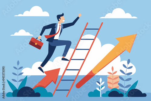 Climb up ladder to reach target or goal, aspiration to success, growth or aiming to achieve target, objective or purpose, motivation to winning concept, businessman climbing ladder to business goal. 