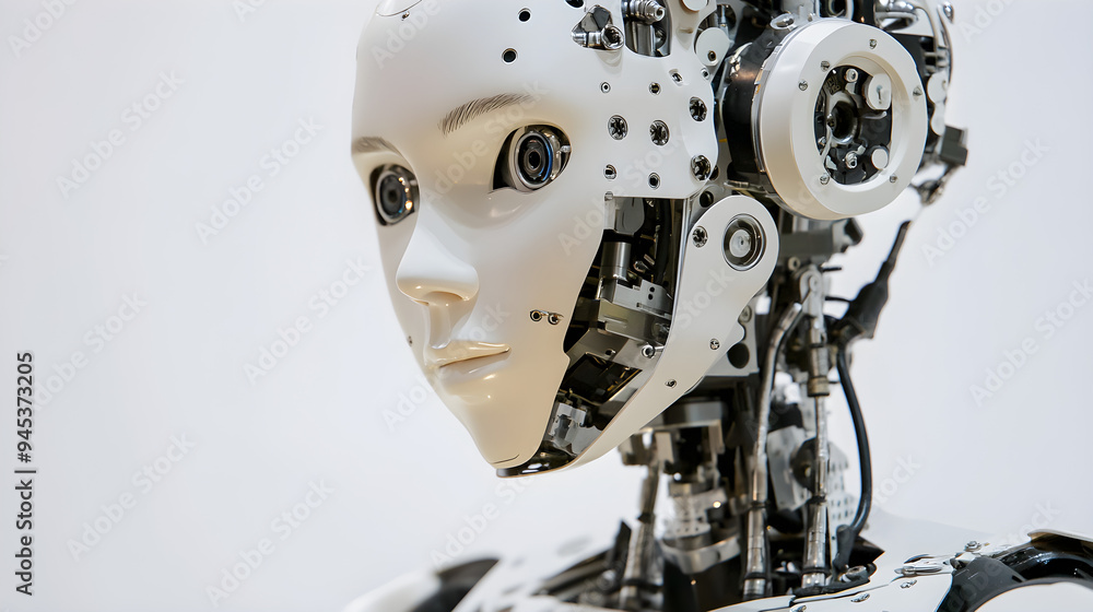 A close-up of a humanoid robot features intricate mechanical details and a lifelike face, blending technology with artistry A close-up of a humanoid robot features intricate mechanical details and a lifelike face, blending technology with artistry