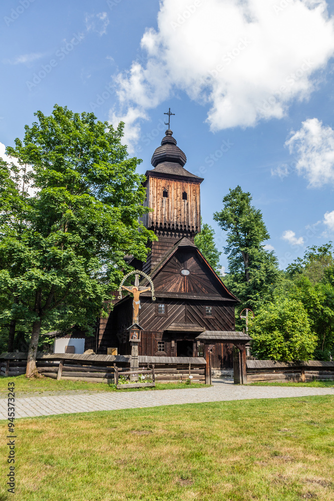 Naklejka premium Wooden church in the open air museum (Valasske muzeum v prirode) in Roznov pod Radhostem, Czechia