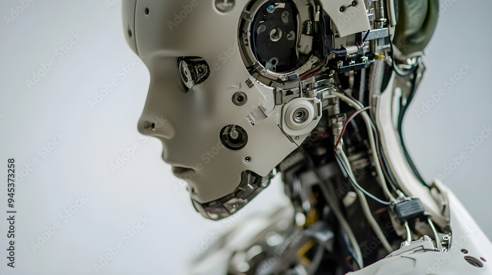 A close-up of a humanoid robot showcasing intricate mechanics and detailed features emphasizing advanced technology and design A close-up of a humanoid robot showcasing intricate mechanics and detailed features emphasizing advanced technology and design