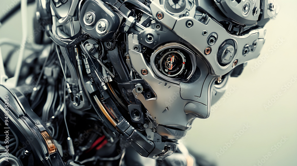 A close-up of a humanoid robot features intricate metallic details and advanced technology showcasing the blend of art and science in robotics A close-up of a humanoid robot features intricate metallic details and advanced technology showcasing the blend of art and science in robotics