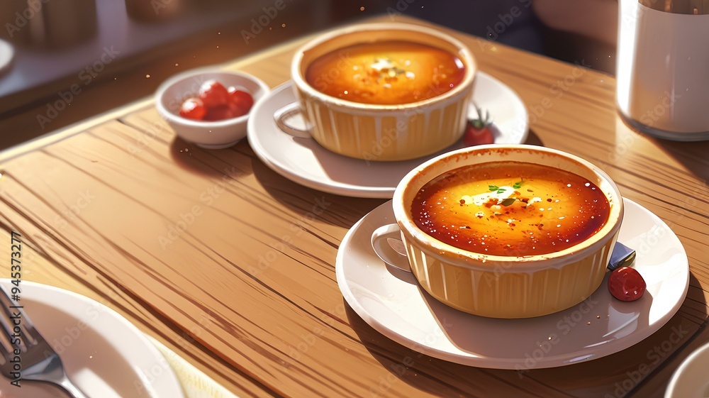 Indulge in the exquisite decadence of Creme Brulee, artfully served on a wooden table. Indulge in the exquisite decadence of Creme Brulee, artfully served on a wooden table.