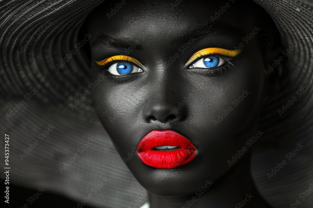 A close-up portrait of a woman with striking blue eyes, bold red lips, and vibrant yellow eyeliner, wearing a large black hat. A close-up portrait of a woman with striking blue eyes, bold red lips, and vibrant yellow eyeliner, wearing a large black hat.