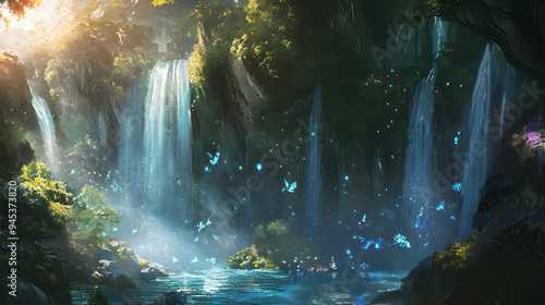 A fantasy landscape features towering waterfalls cascading into a tranquil pool surrounded by lush greenery and glowing butterflies fluttering in the ethereal light