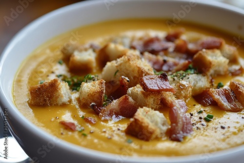 Bacon and crouton topped cream of pumpkin soup