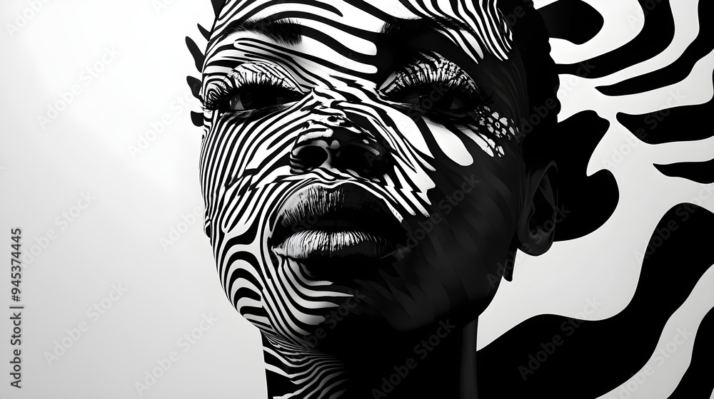 A high-contrast black and white portrait showcases a woman’s face, adorned with striking patterns creating bold visual effects and an intense expression of strength A high-contrast black and white portrait showcases a woman’s face, adorned with striking patterns creating bold visual effects and an intense expression of strength