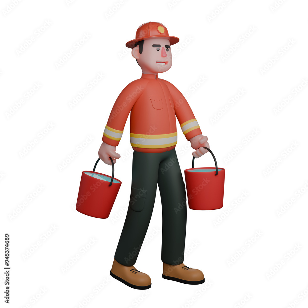 Male Firefighter Fire Professional. A firefighter walks while carrying 2 buckets of water. 3D Cartoon Male Firefighter Fire Professional. A firefighter walks while carrying 2 buckets of water. 3D Cartoon