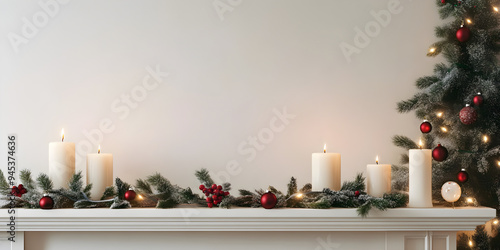 A minimalist Christmas mantel decorated with glowing candles, green garlands, and red ornaments creating a cozy holiday atmosphere