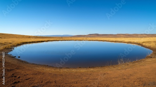 A small, reflective pond surrounded by dry grass and sand in a vast desert landscape.