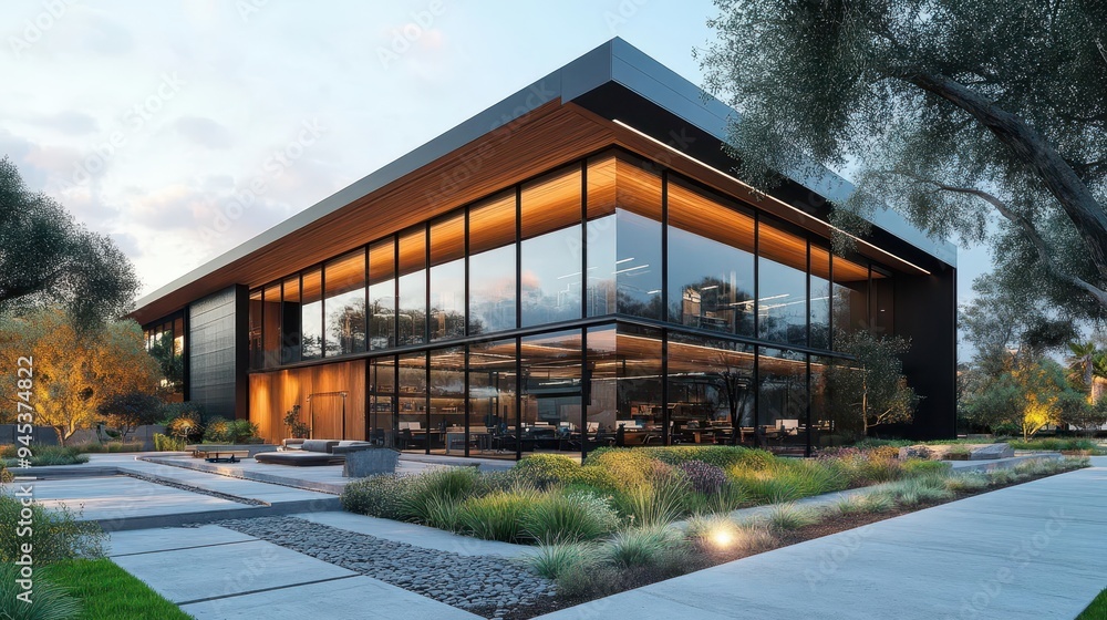 contemporary warehouse exterior with sleek office pod attachment industrial aesthetic meets modern design clean lines large windows and minimalist landscaping contemporary warehouse exterior with sleek office pod attachment industrial aesthetic meets modern design clean lines large windows and minimalist landscaping