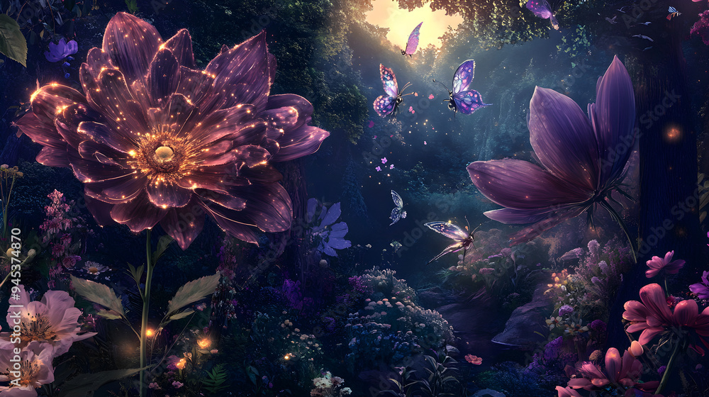 A mystical garden filled with oversized flowers, shimmering butterflies, and a surreal atmosphere evokes a sense of wonder and enchantment A mystical garden filled with oversized flowers, shimmering butterflies, and a surreal atmosphere evokes a sense of wonder and enchantment