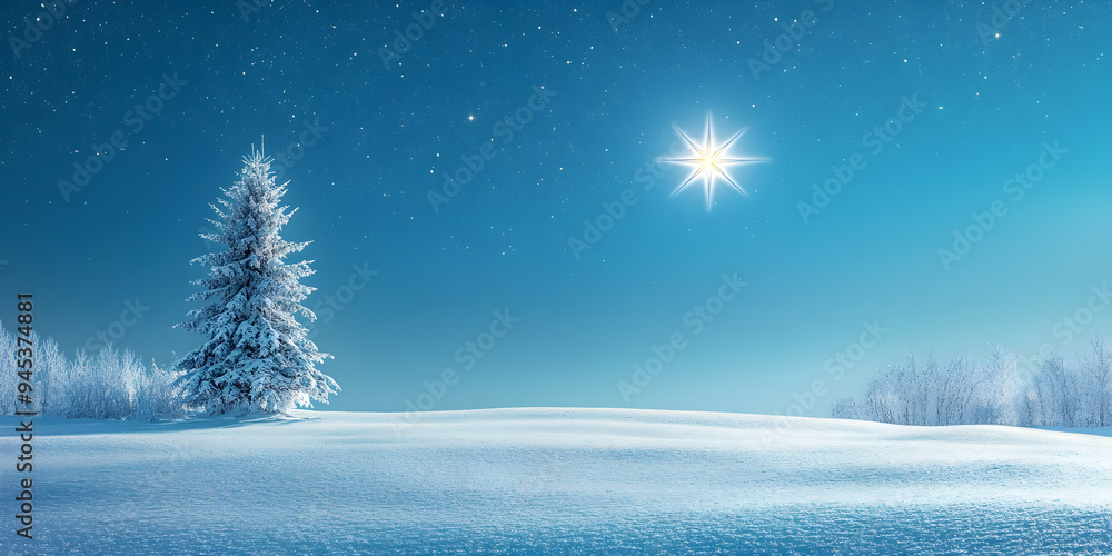 A peaceful snowy landscape shines under a bright star, with a solitary tree amidst the sparkling white snow and a tranquil blue sky A peaceful snowy landscape shines under a bright star, with a solitary tree amidst the sparkling white snow and a tranquil blue sky