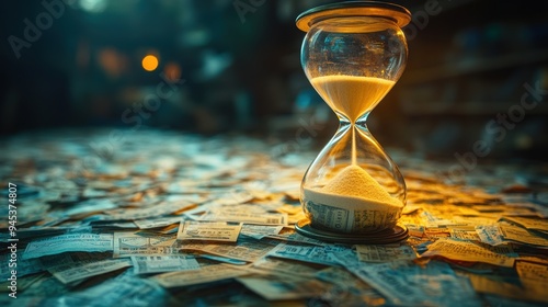 Hourglass on a Table Full of Currency Notes in a Dimly Lit Room, Symbolizing the Passage of Time and Financial Concepts