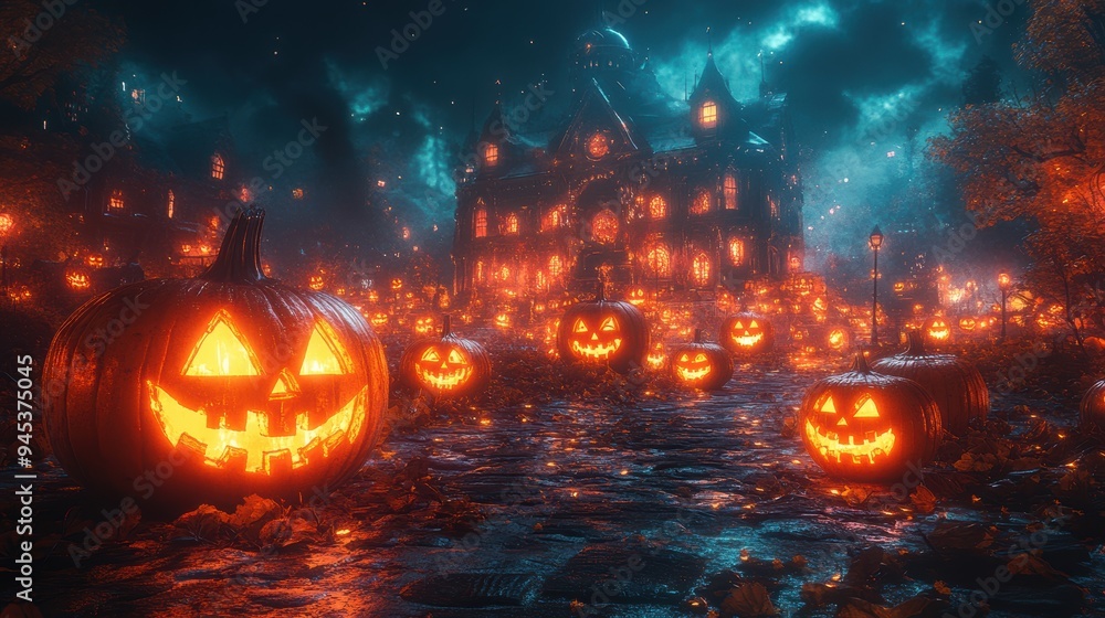 Enchanting Halloween Night with Glowing Jack-o'-Lanterns and Spooky Haunted Mansion Under a Starry Sky Enchanting Halloween Night with Glowing Jack-o'-Lanterns and Spooky Haunted Mansion Under a Starry Sky