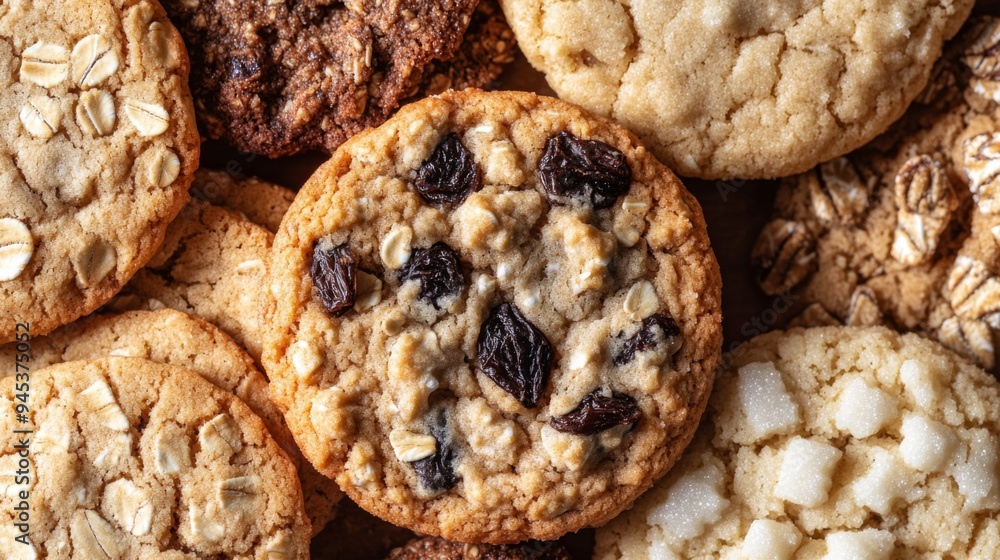 A close-up of a variety of cookies including oatmeal raisin and sugar cookies, with a soft, warm glow highlighting their delicious textures. A close-up of a variety of cookies including oatmeal raisin and sugar cookies, with a soft, warm glow highlighting their delicious textures.
