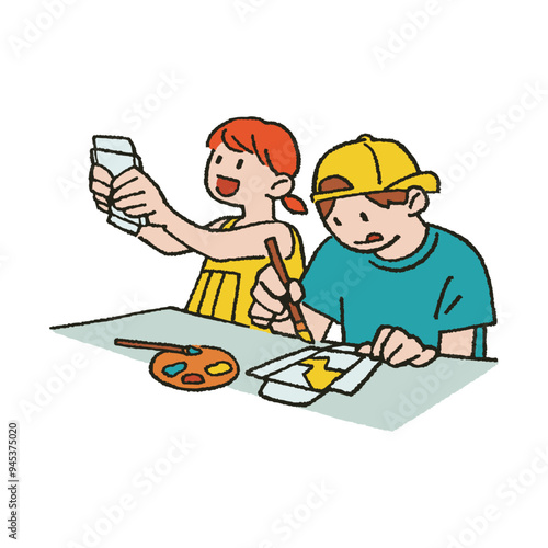 型紙に絵を描く2人の子どものイラスト