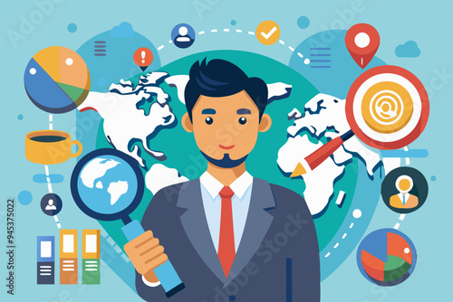 Global world economic analysis, international work opportunity, oversea research or investment country risk, region or foreign career searching concept, businessman analyze global world business.
