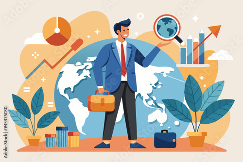 Global world economic analysis, international work opportunity, oversea research or investment country risk, region or foreign career searching concept, businessman analyze global world business.
